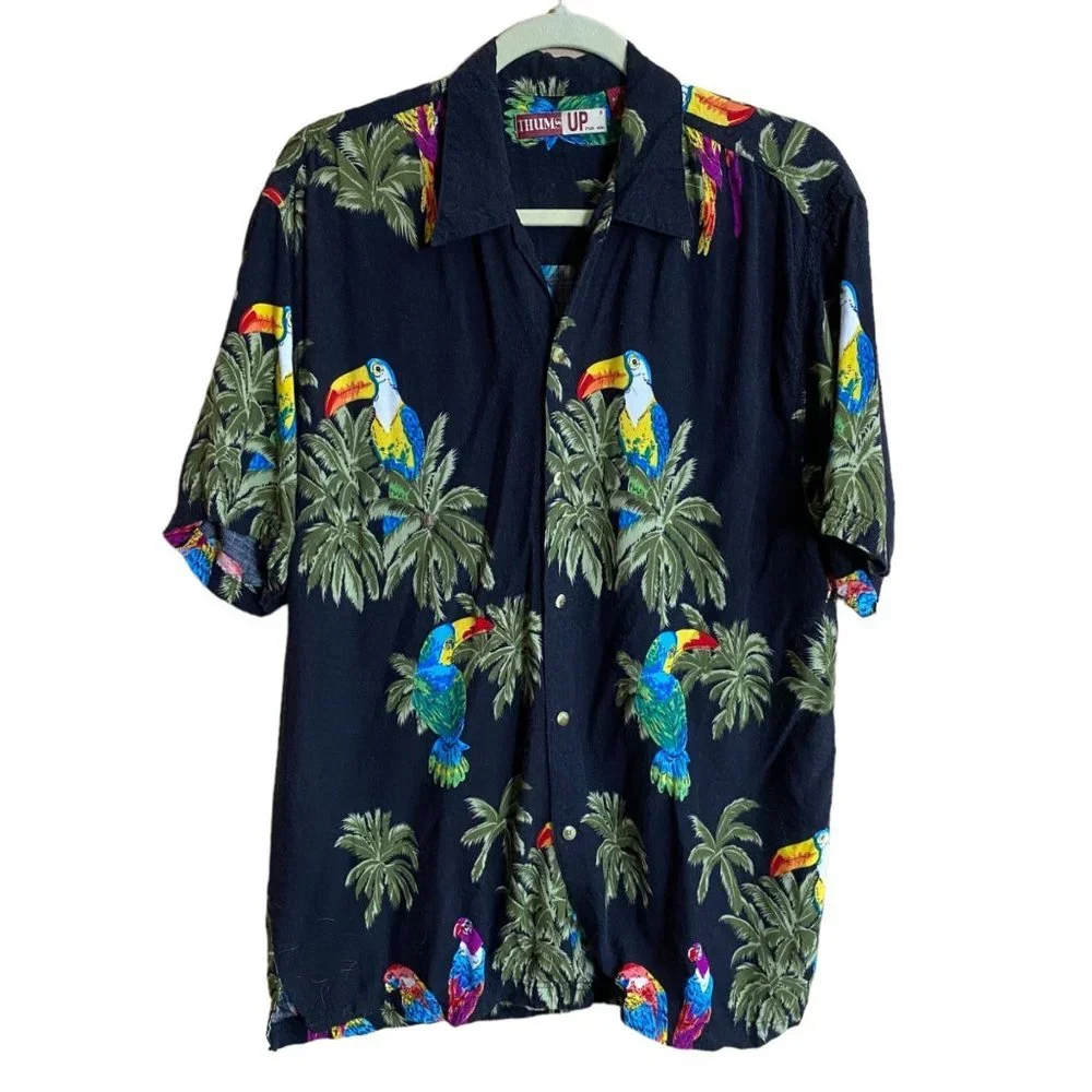 Vtg Thums Up for Him Navy Blue Toucan Parrot Hawaiian‎ Cruise Shirt Men Large